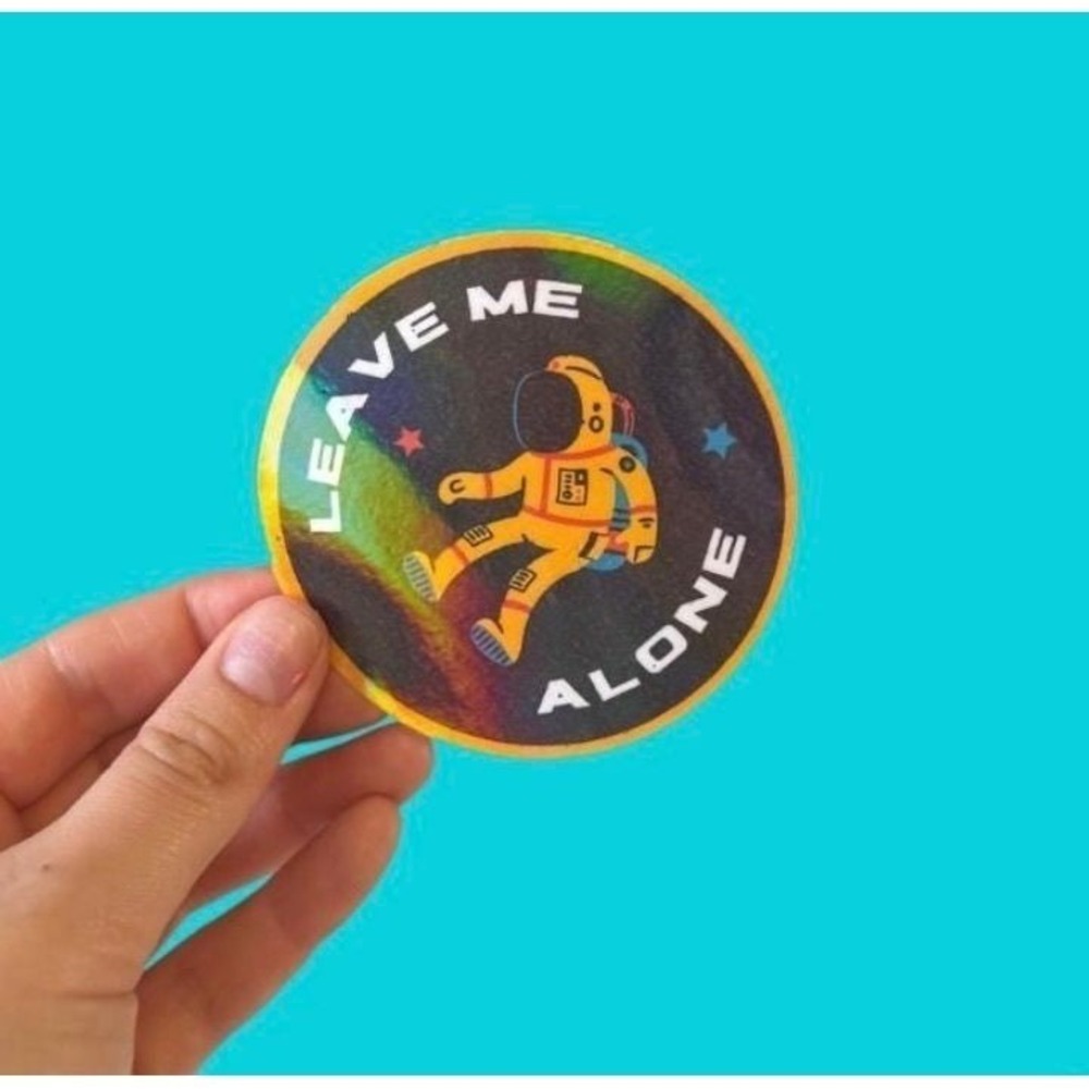 Holographic Leave Me Alone Astronaut Sticker Yellow Space Introvert Decal Circle